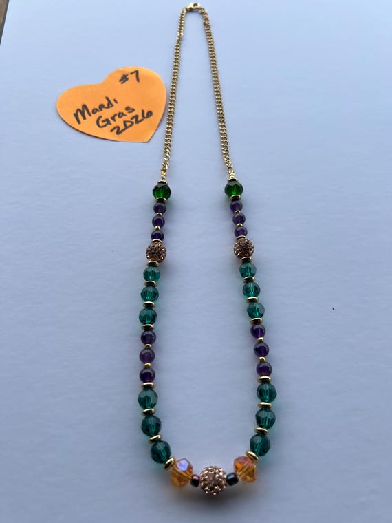 Gold Rhinestone & Multi-Faceted Beads 26” Necklace w Green and Purple Accents