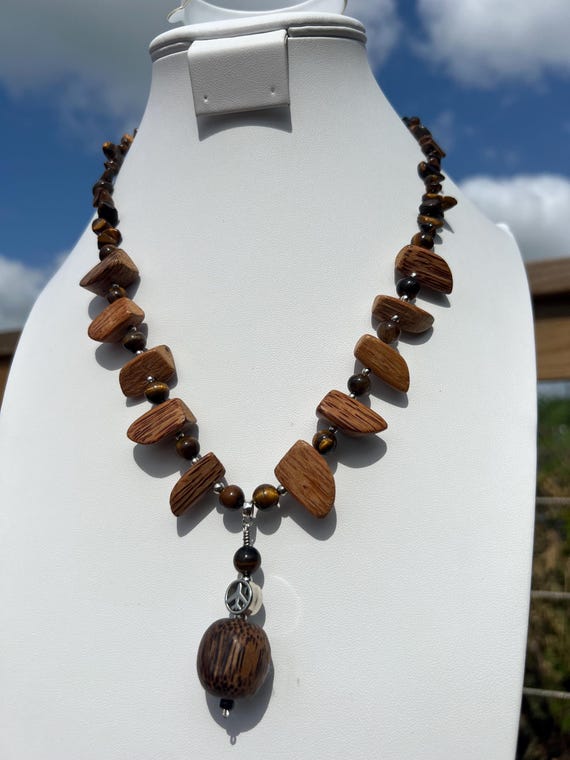 Aviation Wood, Stone & Glass Necklace With An Airplane Bead