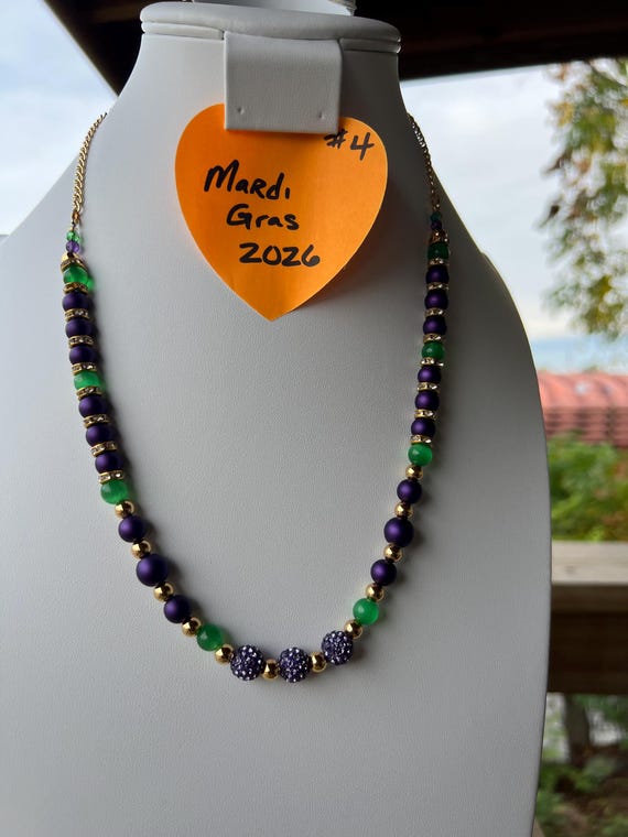 Purple Rhinestone & Coated Glass 24.5”Necklace w Gold - CZ beads Green Cat-Eye Accents