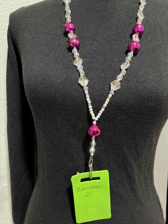 Christmas 21 Breakaway Lanyard - Pearl, Clear, and Fuchsia Beads with Iridescent Snowflakes and Fuchsia Ornaments