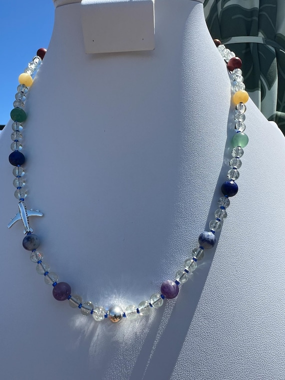 Handmade Aviation Necklace with Clear Glass and Chakra Inspired Stones, Fashionable Travel Lover Gift