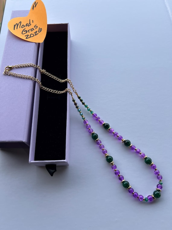 Handcrafted Sparkling Purple Necklace with Green and Gold Accents for Your Mardi Gras Event