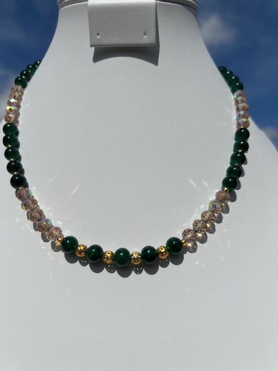 Emerald Green Beaded Necklace – Gold Toggle Clasp, St Patrick’s Day