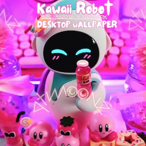 PC Digital Kawaii Robot Desktop Wallpaper Background  |  Kirby Pink Crystal Cute Purple Hues Sweet Flowers Gamer Girl Keyboard aesthetics BG