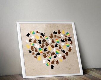 Diversity Hands Heart Poster-Equality-Peace-Kindness-Humankind-Diversity Art-Racial Equality-10×10-12×12-14×14-16×16-18×18 Physical Print