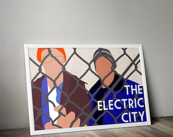 May include: A framed illustration of two people standing behind a chain link fence. The people are wearing winter clothing and the text "THE ELECTRIC CITY" is printed in white letters on a blue background.