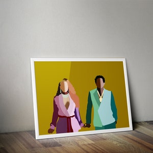 May include: A framed art print featuring a minimalist illustration of two figures holding hands. The figures are depicted with geometric shapes and solid colors, including shades of purple, green, and gold. The artwork is displayed in a white frame.