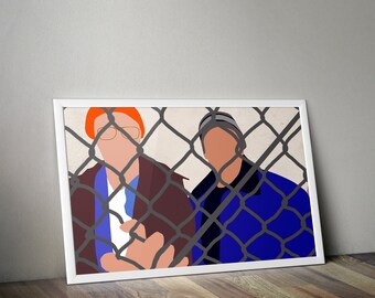 May include: Two people wearing hats stand behind a chain link fence. The person on the left is wearing an orange hat and a brown jacket. The person on the right is wearing a gray hat and a blue jacket.