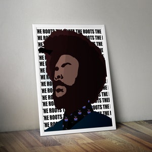 May include: A black and white illustration of a man with an afro and a beard. He is wearing a blue shirt with a pattern of drums. The text "HE ROOTS THE ROOTS THE ROOTS THE" is repeated in the background.
