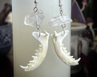 Jaw bone and quartz crystals earrings (mink mandible, available in clear and pastel pink)