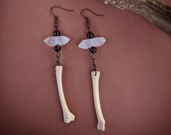 Bobcat bone, quartz, and garnet earrings