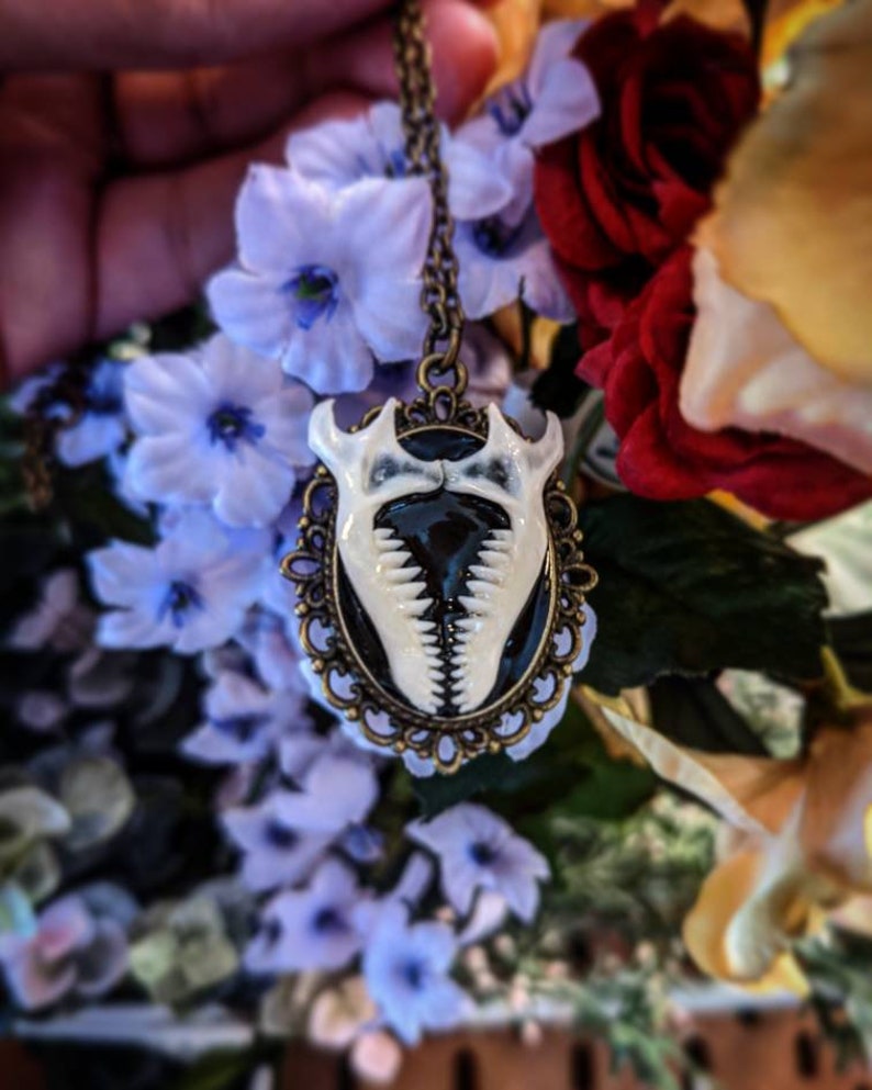 Mole jaw bone necklace, mandibles set in resin on Victorian style brass pendant image 1