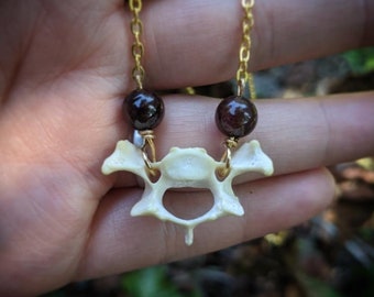 Vertebra and Garnet Necklace, bone jewelry, real bones, oddities necklace, garnet jewelry, birthstone gifts