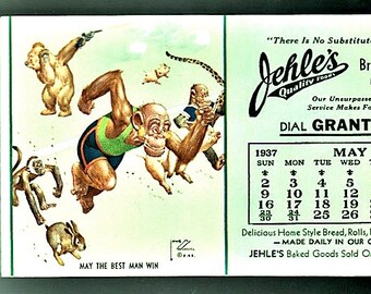 Arte legno Monkey LAWSON BLOTTER 1937 calendario per negozio di Jehle in Buffalo nuovi inutilizzati "May the Best Man Win"