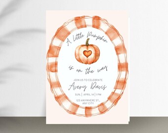 May include: A watercolor-style baby shower invitation with a pumpkin illustration. The invitation features the text "A Little Pumpkin is on the way" and details for Avery Davis's celebration, including the date, time, and location.