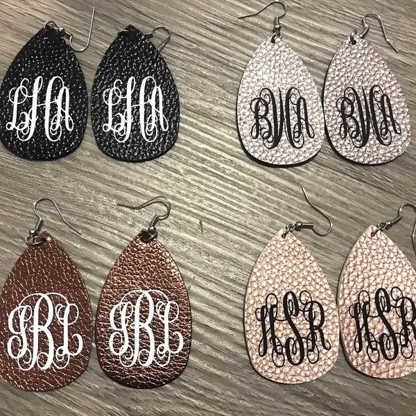 Faux Leather Monogrammed Earrings;  Personalized with your Monogram initials; Teardrop Design