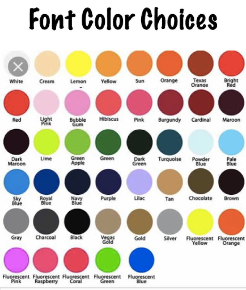 Puede incluir: Una tabla con 48 opciones de colores de fuente diferentes. Los colores est&aacute;n dispuestos en filas y columnas, con cada color etiquetado con su nombre. Los colores incluyen blanco, crema, amarillo lim&oacute;n, amarillo, naranja sol, naranja de Texas, rojo brillante, rojo, rosa claro, chicle, hibisco, rosa, burdeos, cardenal, marr&oacute;n, marr&oacute;n oscuro, lima, manzana verde, verde, verde oscuro, turquesa, azul polvo, azul p&aacute;lido, azul cielo, azul real, azul marino, morado, lila, marr&oacute;n claro, chocolate, marr&oacute;n, gris, carb&oacute;n, negro, oro Vegas, oro, plata, amarillo fluorescente, naranja fluorescente, rosa fluorescente, frambuesa fluorescente, coral fluorescente, verde fluorescente y azul fluorescente.