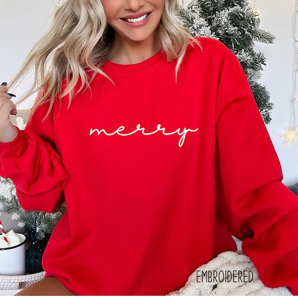 Embroidered Merry Sweatshirt, Christmas Sweatshirt, Womens Christmas Sweatshirt, Christmas Sweatshirts for Women, Christmas Gift Women
