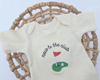 Embroidered New to the Club ONESIES® brand, Baby Golf Club, Daddy&#39;s Golfing Buddy, Pregnancy Baby Announcement, Unique Bodysuit, Misc 239