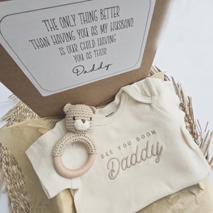 Surprise Box With Message, Embroidered See you Soon Daddy ONESIES® brand, Baby, husband pregnancy announcement Box, Gift Box, MomDad 114