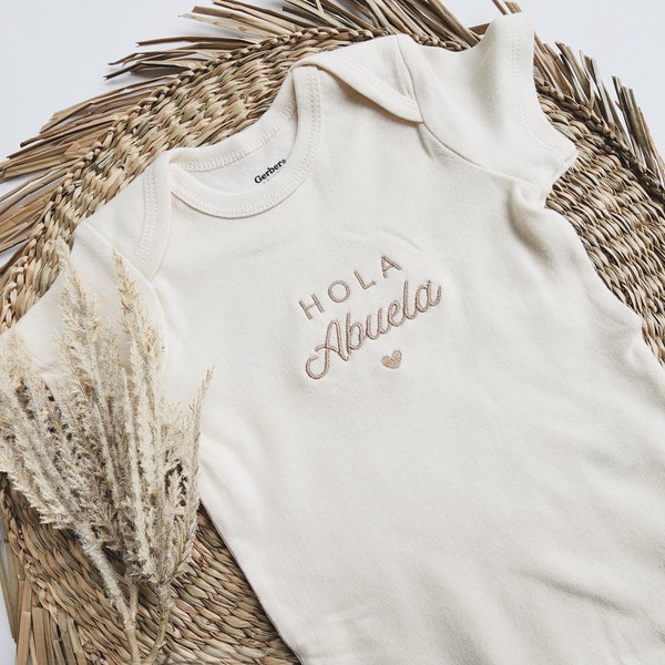 Embroidered Hola Abuela Onesies® Brand, Spanish Hi Grandma onesies® pregnancy reveal to grandparents, Announcement  to Grandparents 408