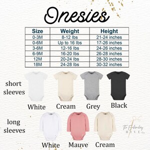 a collection of baby onesies in various sizes and colors, along with their corresponding weight and height measurements.
