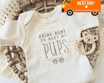 Embroidered Going Home to Meet My Pups Onesie® brand, New Best Friend Onesie® Personalized Dog Name Onesie® Dog Name Onesie® F45