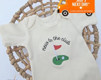 Embroidered New to the Club ONESIES® brand, Baby Golf Club, Daddy's Golfing Buddy, Pregnancy Baby Announcement, Unique Bodysuit, L239
