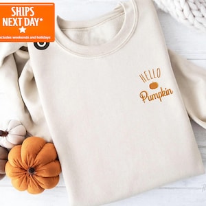 May include: A cream-colored sweatshirt with the embroidered phrase "Hello Pumpkin" and a small pumpkin graphic. The sweatshirt is displayed with several decorative fabric pumpkins in shades of orange, gray, and white.