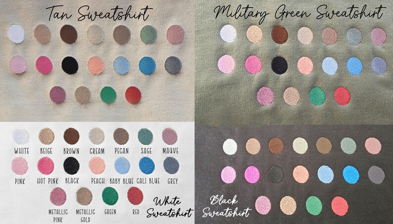 The image is a collage of four images, each depicting a different type of sweatshirt color: Tan Sweatshirt, Military Green Sweatshirt, White Sweatshirt, and Black Sweatshirt. The images showcase the various colors and shades available for these types of sweatshirts.