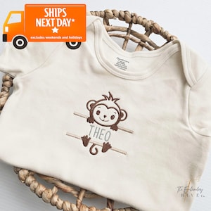 Embroidered Custom Name Onesies® Brand, Monkey Onesie® Announcement Bodysuit to Family Grandparents, Husband Pregnancy Announcement Z138