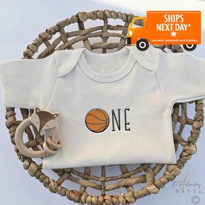 Embroidered One ONESIE® First Birthday, Basketball Theme ONESIES® brand, Pregnancy Baby Announcement, Bodysuit, One Year, L265