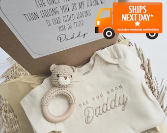 Surprise Box With Message, Embroidered See you Soon Daddy ONESIES® brand, Baby, husband pregnancy announcement Box, Gift Box, MomDad 114