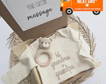 Surprise Box With Message, Embroidered Hello Grandma and ONESIES® brand, Hi, Grandparents pregnancy announcement Box, Gift, Grndprnts 404
