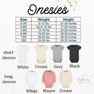 a collection of baby onesies in various sizes and colors, along with their corresponding weight and height measurements.