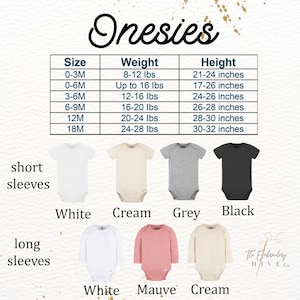 a collection of baby onesies in various sizes and colors, along with their corresponding weight and height measurements.