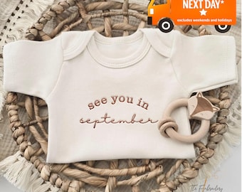 Embroidered See You in September Expected Month ONESIES® brand Pregnancy Announcement ONESIES® brand, Custom Girl Boy Natural Baby Name