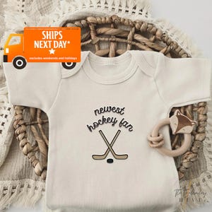 Embroidered Newest Hockey Fan ONESIES® brand Hockey Bodysuit Daddy's Hockey Buddy Pregnancy Baby Announcement D5