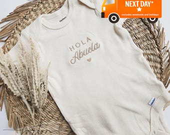 Embroidered Hola Abuela Onesies® Brand, Spanish Hi Grandma onesies® pregnancy reveal to grandparents, Announcement  to Grandparents 408