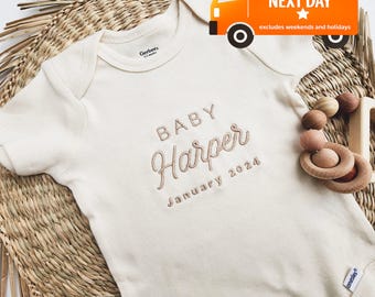 Embroidered ONESIES® brand, Personalized Baby Girl Boy ONESIES® brand, Custom Girl Natural Baby Name Expecting Due Date ONESIES® brand Z54