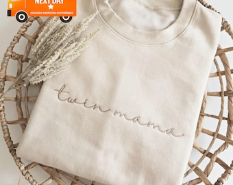 Embroidered Twin mama Sweatshirt, Pregnancy Announcement, New Mom Gift, Christmas gift for Mom Crewneck Mom and Dad Sweatshirt Matching W132