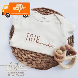 Embroidered TGIF, Thank God It's a Female, Onesies® Brand, Unique Pregnancy Announcement to Family, Surprise to Husband, L206