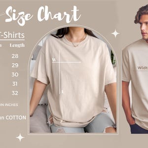 The image is a size chart for unisex t-shirts, showing the measurements for different sizes. It includes a man and a woman wearing the t-shirts, along with the corresponding measurements. The chart provides a visual representation of the size differences between the two individuals.