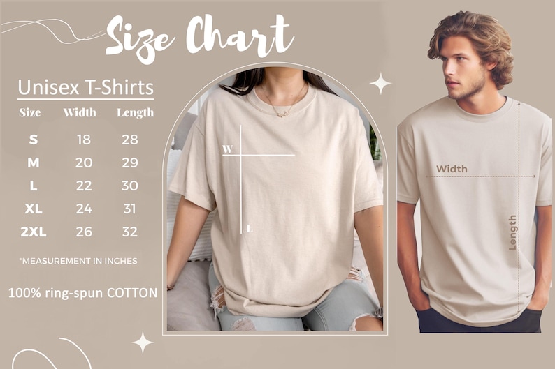 The image is a size chart for unisex t-shirts, showing the measurements for different sizes. It includes a man and a woman wearing the t-shirts, along with the corresponding measurements. The chart provides a visual representation of the size differences between the two individuals.