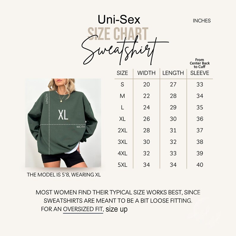 The image is a size chart for a sweatshirt, showing the measurements for different sizes.