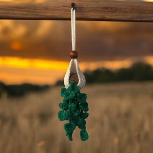 May include: A crocheted hanging ornament with a white pod and a green leafy stem. The ornament is hanging from a wooden surface.