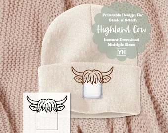 Hand Embroidered Highland Cow Pattern for Hat, Printable Pattern, Stick and Stitch Design, Digital