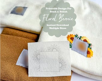 Hand Embroidered Sunflowers, Beanie Printable Pattern, Stick and Stitch Design, Floral Hat DIY