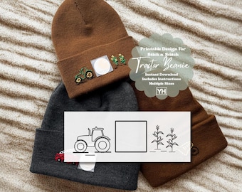 Hand Embroidered Tractor, Beanie Printable Pattern, Stick and Stitch Design, Farm Hat for Boys