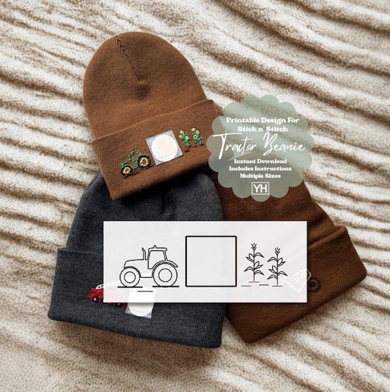 Hand Embroidered Tractor, Beanie Printable Pattern, Stick and Stitch Design, Farm Hat for Boys